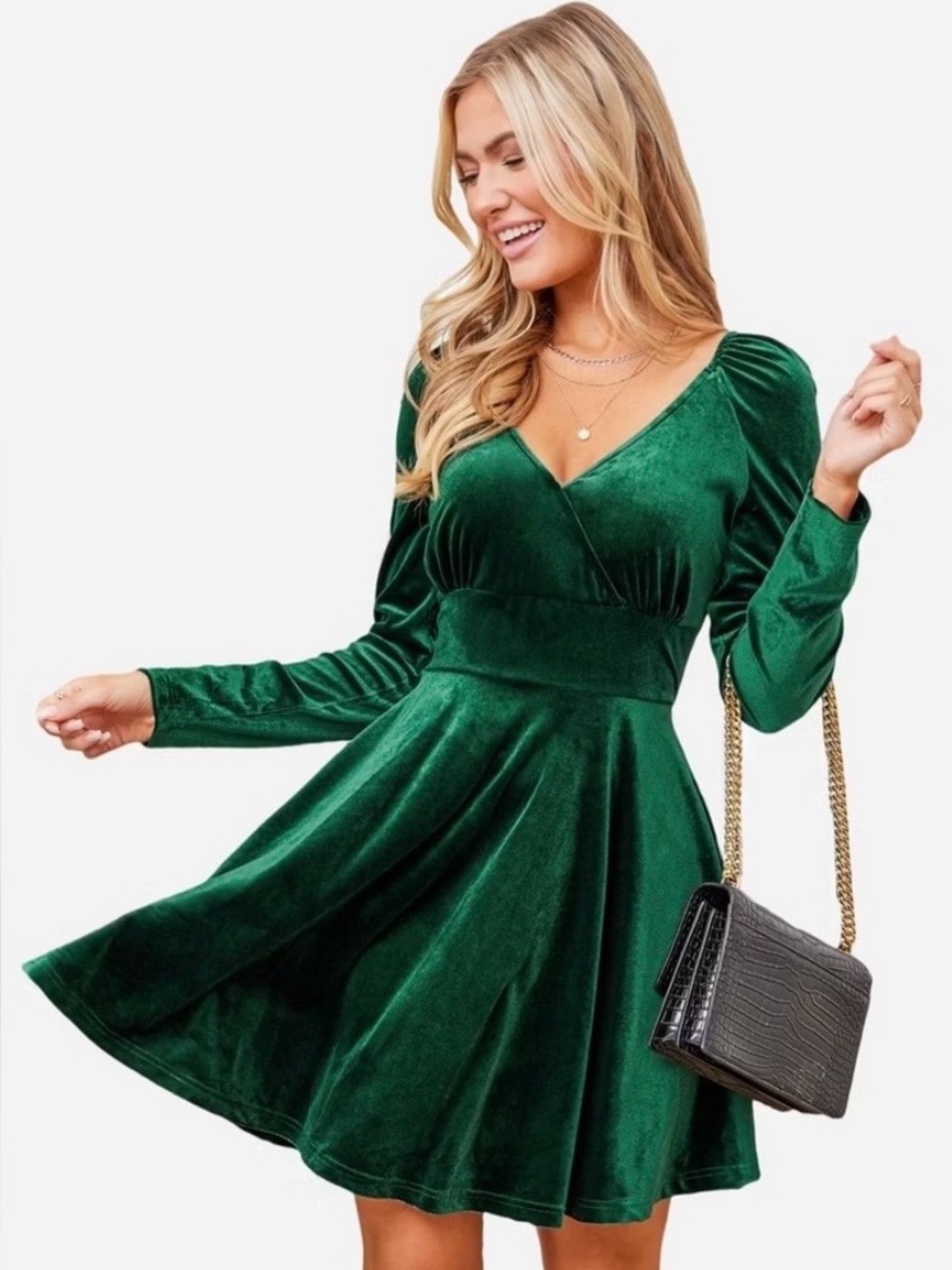 NWT CUPSHE Emerald Velvet Wrap-Front Long Sleeve Skater Dress 10098